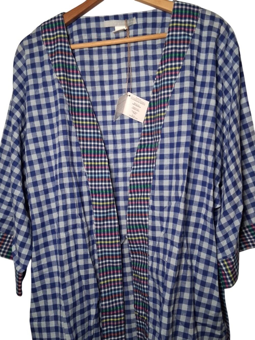 Noonday Collection Robe M/L Scrunchie Blue Gingham Check Lightweight Lounge - Picture 13 of 16
